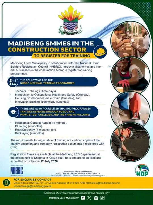 Madibeng Municipality Invites Construction SMMEs to Register for Free NHBRC Training Programmes